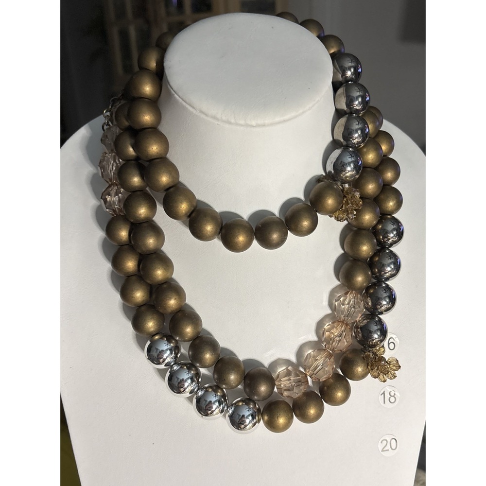 Chico's 3 Strand Statement Necklace Bronze Silver Blush Beads Chunky